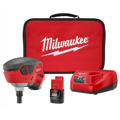 Milwaukee 2458-21, kit: M12 12-Volt Lithium-Ion Cordless Palm Nailer Kit with One 1.5Ah Battery, Charger and Tool Bag (photograph from the Home Depot listing)