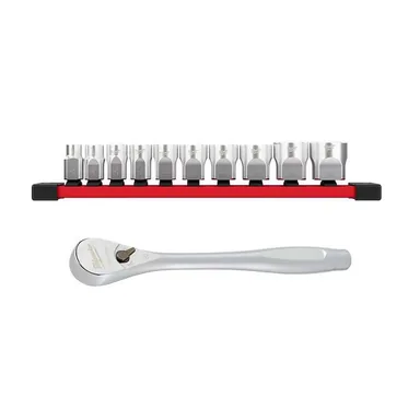 Milwaukee 48-22-9403-48-22-9038, bundle: 3/8 in. SAE Low Profile 6-Point Sockets with FOUR FLAT Sides and 3/8 in. Drive Ratchet (11-Piece)