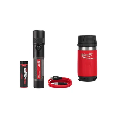 Milwaukee 2161-21-48-22-8391R, bundle: 1100 Lumens LED USB Rechargeable Twist Focus Flashlight with PACKOUT Red 12 oz. Insulated Bottle with Sip Lid