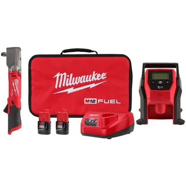 Milwaukee 2565-22-2475-20, bundle: M12 FUEL 12V Lithium-Ion Brushless Cordless 1/2 in. Right Angle Impact Wrench Kit with Two 2.0 Ah Batteries & Inflator