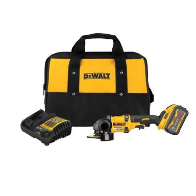 DeWalt DCG418MX1, kit: FLEXVOLT 60V MAX Lithium-Ion Brushless Cordless 4-1/2 in.-6 in. Grinder Kit with 9.0 Ah Battery, Charger and Kitbag (photograph from the Home Depot listing)