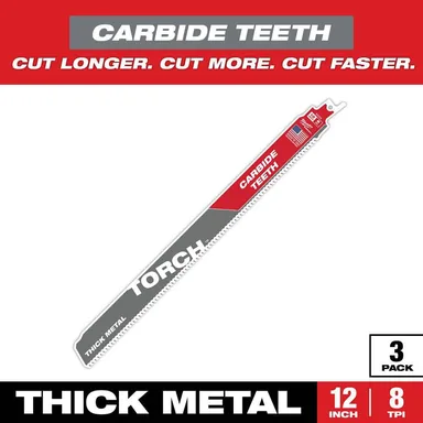 Milwaukee 48-00-5303, accessory: 12 in. 8 TPI TORCH Carbide Teeth Thick Metal Cutting SAWZALL Reciprocating Saw Blade (3-Pack) (photograph from the Home Depot listing)