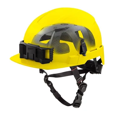 Milwaukee 48-73-1367, accessory: BOLT Yellow Type 2 Class E Front Brim Non-Vented Safety Helmet with IMPACT-ARMOR Liner (photograph from the Home Depot listing)
