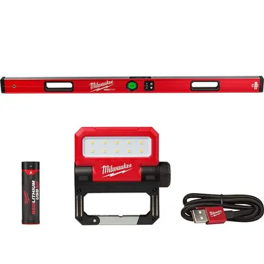 Milwaukee MLDIG48-2114-21, bundle: 48 in. REDSTICK Digital Box Level with Pin-Point Measurement Technology and 550 Lumens LED Rechargeable Flood Light