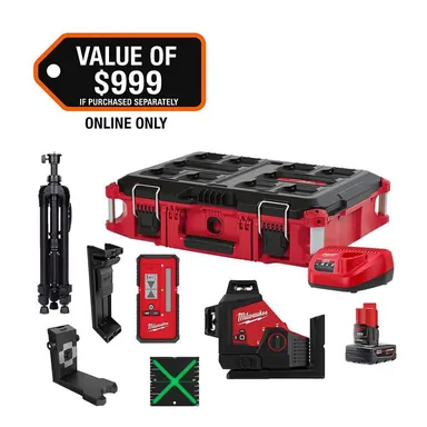 Milwaukee 3632-21PO, kit: M12 12-Volt Lithium-ion Cordless Green 250 ft. 3-Plane Laser Level PACKOUT Kit