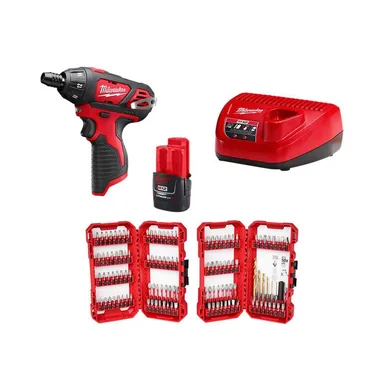 Milwaukee 2401-21P-48-32-5155, bundle: M12 12V Li-Ion Cordless 1/4 in. Hex Screwdriver Kit & SHOCKWAVE Impact Duty Alloy Steel Screw Driver Bit Set (120-Piece)