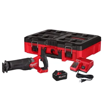 Milwaukee 2821-21HO, kit: M18 FUEL 18V Lithium-Ion Brushless Cordless SAWZALL Reciprocating Saw Kit w/ 5. 0Ah Battery/Charger & PACKOUT Tool-Box