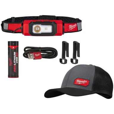 Milwaukee 2116-21-505G, bundle: 600 Lumens LED REDLITHIUM USB 360-Degree Visibility Hard Hat Headlamp with GRIDIRON Gray Adjustable Fit Trucker Hat