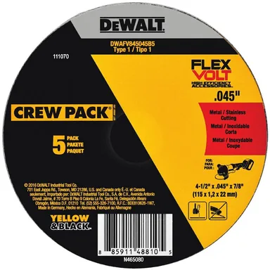 DeWalt DWAFV845045B5, accessory: FLEXVOLT 4-1/2 in. x 0.045 in. x 7/8 in. Cutting Wheel (5-Pack) Type 1