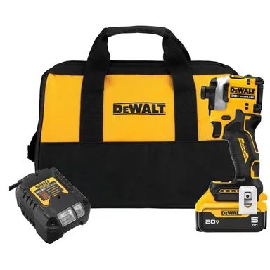 DeWalt DCF850P1, kit: ATOMIC 20V MAX Lithium-Ion Cordless 1/4 in. Brushless Impact Driver Kit, 5 Ah Battery, Charger, and Bag
