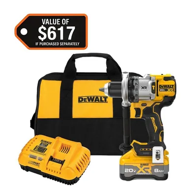 DeWalt DCD1007WW1, kit: 20V XR Lithium-Ion Cordless Hammer Drill Kit with 8.0 Ah Battery, Charger and Kit Bag (photograph from the Home Depot listing)