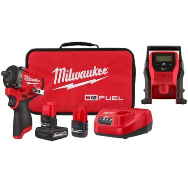 Milwaukee 2563-22-2475-20, bundle: M12 FUEL 12V Li-Ion Brushless Cordless Stubby 1/2 in. Impact Wrench Kit w/ 5.0Ah, 2.5Ah High Output Batteries & Inflator