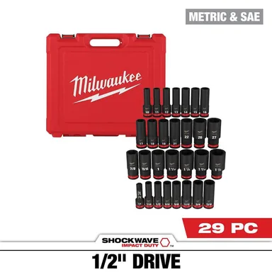 Milwaukee 49-66-7016, accessory: SHOCKWAVE 1/2 in. Drive SAE and Metric 6 Point Impact Socket Set (29-Piece)