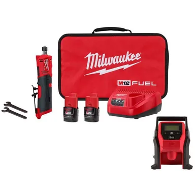 Milwaukee 2486-22-2475-20, bundle: M12 FUEL 12V Lithium-Ion Brushless Cordless 1/4 in. Straight Die Grinder Kit w Two 2.0 Ah Batteries & M12 Inflator