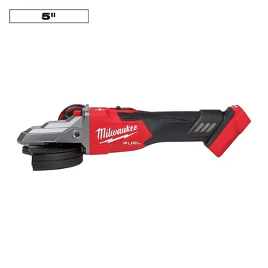 Milwaukee 2887-20, bare tool: M18 FUEL 18V Lithium-Ion Brushless Cordless 5 in. Flathead Braking Grinder with Slide Switch Lock-On (Tool-Only) (photograph from the Home Depot listing)