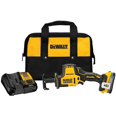 DeWalt DCS369E1, kit: Atomic 20-Volt Maximum Cordless Brushless Compact Reciprocating Saw with 1.7 Ah Battery and Charger (photograph from the Home Depot listing)