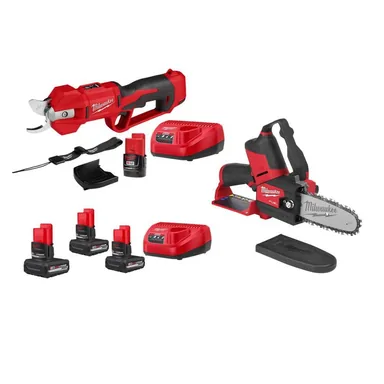 Milwaukee 2534-21-48-11-2450-2527-20-48-59-2450P, bundle: M12 12V Cordless Brushless Pruner Shears Kit w/ 2.0 Ah Battery & Charger, M12 HATCHET, (3) M12 HO 5.0 Ah Batteries