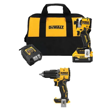 DeWalt DCF850P1WCD799B, bundle: ATOMIC 20V MAX Lithium-Ion Cordless 1/4 in. Brushless Impact Driver Kit and 1/2 in. Hammer Drill with 5Ah Battery