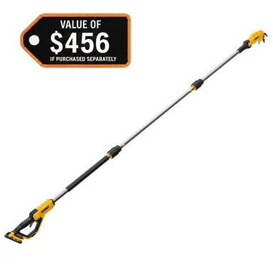 DeWalt DCPPR320D1, kit: 20-Volt MAX 1 -1/2 in. Capacity Cordless Battery Powered Pole Pruner Kit with 2.0 Ah Battery and Charger (photograph from the Home Depot listing)