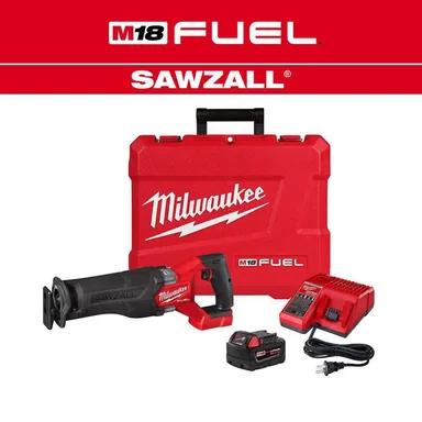Milwaukee 2821-21, kit: M18 FUEL 18V Lithium-Ion Brushless Cordless SAWZALL Reciprocating Saw Kit W/one 5.0 Ah Batteries, Charger and Case (photograph from the Home Depot listing)