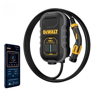 DeWalt DXPAEV048CP-TL, standalone tool: Level-2 Compact Telsa EV Charger up to 48 Amps, 240-Volt AC 11.5 Kw, 20 ft. Cable, Hardwired, Weatherproof, NACS