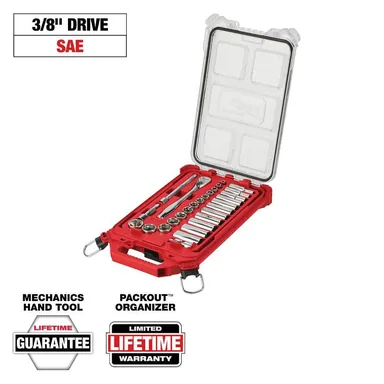 Milwaukee 48-22-9481, unpowered: 3/8 in. Drive SAE Ratchet and Socket Mechanics Tool Set with Packout Case (28-Piece)