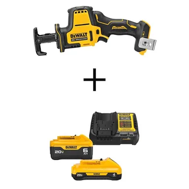 DeWalt DCS369BWCB2460C, bundle: ATOMIC 20V MAX Cordless Brushless Compact Reciprocating Saw, (1) 20V 6.0Ah and (1) 20V 4.0Ah Batteries, and Charger
