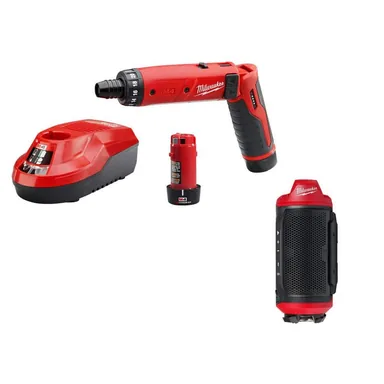 Milwaukee 2101-22-2955-20, bundle: M4 4V Lithium-Ion Cordless 1/4 in. Hex Screwdriver 2-Battery Kit, & Speaker