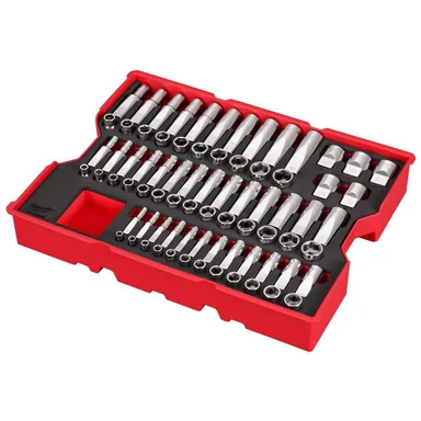 Milwaukee 48-22-0150, unpowered: 1/4 in., 3/8 in. and 1/2 in. Drive SAE/Metric/Torx 6-Point Deep Socket Mechanics Tool Set with PACKOUT Case (77-Piece) (photograph from the Home Depot listing)