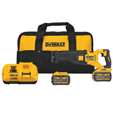 DeWalt DCS389X2, kit: FLEXVOLT 60V MAX Cordless Brushless Reciprocating Saw with (2) FLEXVOLT 9.0Ah Batteries (photograph from the Home Depot listing)