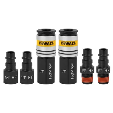 DeWalt DXCM036-0231, accessory: 1/4 in. NPT High Flow Couplers and Plugs, Includes: 2-Female Couplers, 2-Female Plugs, and 2-Male Plugs