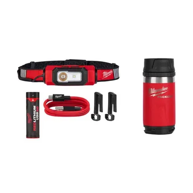 Milwaukee 2116-21-48-22-8391R, bundle: 600 Lumens LED REDLITHIUM USB 360° Visibility Hard Hat Headlamp with PACKOUT Red 12 oz. Insulated Bottle with Sip Lid
