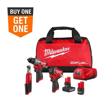 Milwaukee 3424-23, kit: M12 FUEL 12V Lithium-Ion Cordless Drill Driver, Impact Wrench, and Ratchet Combo Kit (3-Tool) w/Batteries, Charger & Bag