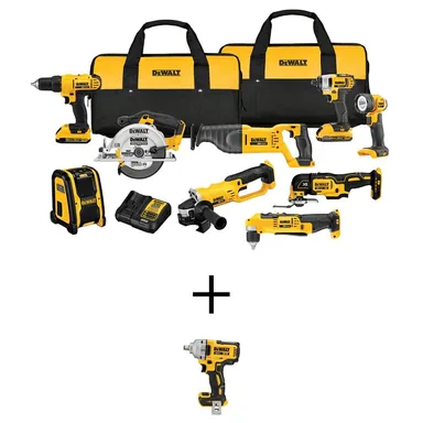 DeWalt DCK940D2WCF891B, bundle: 20V MAX Cordless 9 Tool Combo Kit and 20V MAX XR Cordless 1/2 in. Impact Wrench with (2) 20V 2.0Ah Batteries and Charger