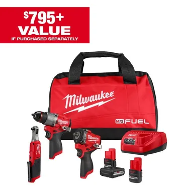 Milwaukee 3424-23, kit: M12 FUEL 12V Lithium-Ion Cordless Drill Driver, Impact Wrench, and Ratchet Combo Kit (3-Tool) w/Batteries, Charger & Bag