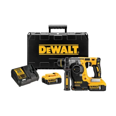 DeWalt DCH273P2, kit: 20V MAX XR Cordless Brushless 1 in. SDS Plus L-Shape Rotary Hammer with (2) 20V 5.0Ah Batteries and Charger (photograph from the Home Depot listing)