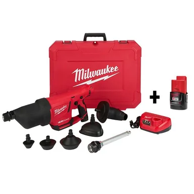 Milwaukee 2572B-21-48-11-2420, bundle: M12 12V Lithium-Ion Cordless Drain Cleaning Airsnake Air Gun Kit with (2) 2.0 Ah Batteries, Toilet Attachments