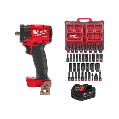 Milwaukee 2854-20-48-11-1850R-49-66-6805, bundle: M18 FUEL GEN-3 18V 3/8 in. Impact Wrench w/5.0Ah Battery & SHOCKWAVE PACKOUT Sockets (36-Pc)