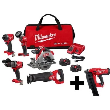 Milwaukee 3697-25-2744-20, bundle: M18 FUEL 18-Volt Lithium-Ion Brushless Cordless Combo Kit (5-Tool) with 21-Degree Brushless Cordless Framing Nailer