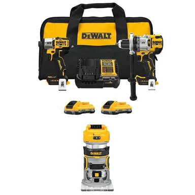 DeWalt DCK2101QQ2W600B, bundle: 20-Volt MAX Lithium-Ion Cordless 2-Tool Combo Kit and Brushless Compact Router w/ (2) 4 Ah Batteries, Charger & Kit Bag