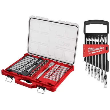 Milwaukee 48-22-9487-48-22-9529, bundle: 1/2 in. Drive SAE/Metric Ratchet & Socket Tool Set w/ FlexHead Ratcheting Combination Wrench Set Metric (54-Piece)