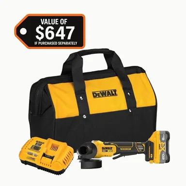 DeWalt DCG410WW1, kit: 20V MAX Lithium-Ion Cordless 4-1/2 in. - 5 in. Angle Grinder Kit with 8.0 Ah Battery, Charger and Kit Bag (photograph from the Home Depot listing)