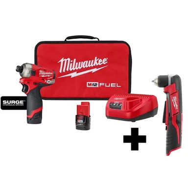 Milwaukee 2551-22-2415-20, bundle: M12 FUEL SURGE 12V Lithium-Ion Brushless Cordless 1/4 in. Hex Impact Driver Compact Kit with M12 Right Angle Drill