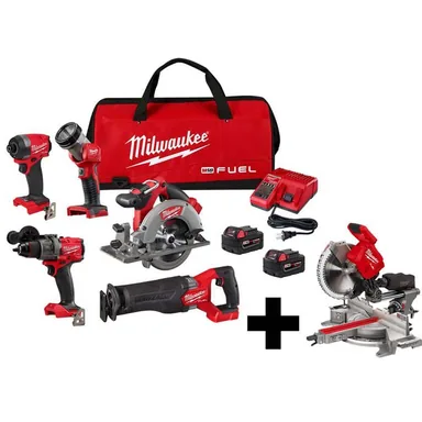 Milwaukee 3697-25-2739-20, bundle: M18 FUEL 18-Volt Lithium-Ion Brushless Cordless Combo Kit (5-Tool) with 12 in. Dual Bevel Sliding Compound Miter Saw