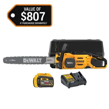 DeWalt DCCS677Y1, kit: FLEXVOLT 60V MAX 20 in. Brushless Electric Cordless Chainsaw Kit and Carry Case with (1) FLEXVOLT 4 Ah Battery & Charger