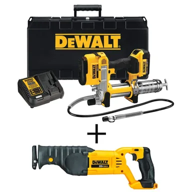 DeWalt DCGG571M1W380B, bundle: 20V MAX Lithium Ion Cordless Grease Gun Kit, 20V MAX Cordless Reciprocating Saw, (1) 20V 4.0Ah Battery, and Charger