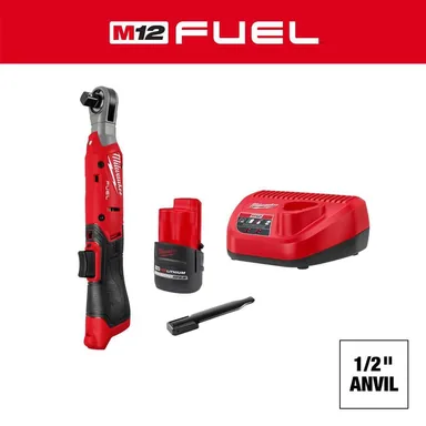 Milwaukee 3054-21, kit: M12 FUEL 12V Lithium-Ion Compcat 1/2 in. Cordless Ratchet Kit with Battery, and Charger (photograph from the Home Depot listing)