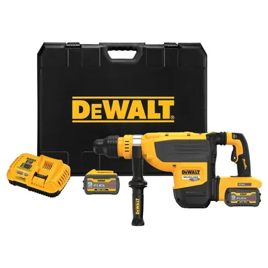 DeWalt DCH735X2, kit: 60V FLEXVOLT Cordless Brushless 1-7/8 in. SDS Max Rotary Hammer Kit, (2) 9.0Ah Batteries, Charger and Kit Box (photograph from the Home Depot listing)