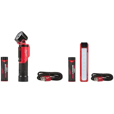 Milwaukee 2113-21-2112-21, bundle: 500 Lumens LED Pivoting REDLITHIUM USB Flashlight & 445 Lumens LED Rover Rechargeable Pocket Flood Light (2-Pack) (photograph from the Home Depot listing)