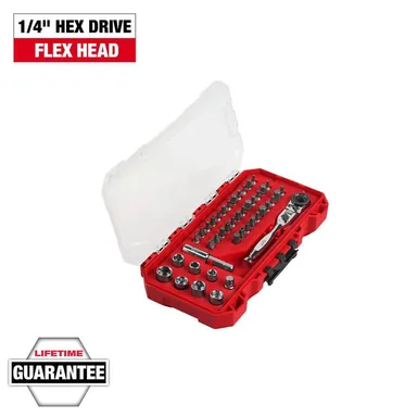 Milwaukee 48-22-2952, accessory: 44pc. 1/4" Hex Drive Mini Flex Head Ratchet & Bit Set (photograph from the Home Depot listing)
